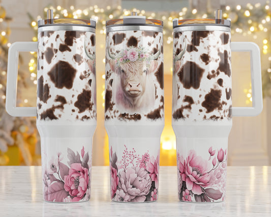 Floral Cow Sublimation 40oz Tumbler Image