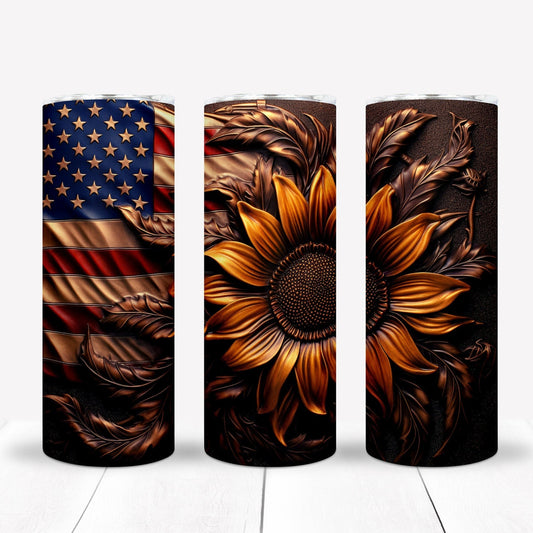 3D Wood SunFlower Engrave 20oz Sublimation Tumbler Image