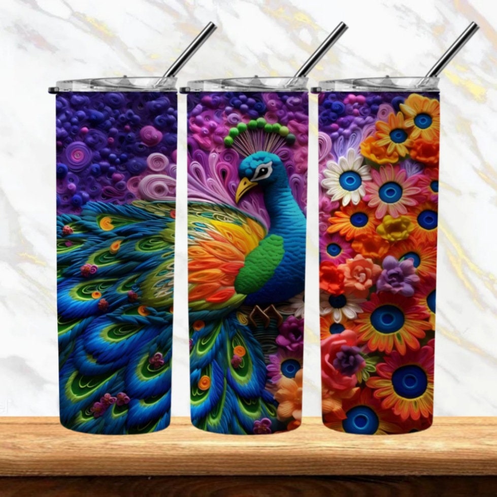 3D Colorful Peacock 20oz Sublimation Tumbler Image