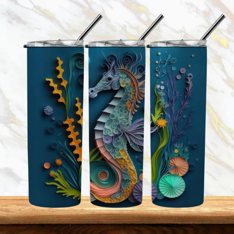 3D Paper Seahorse 20oz Sublimation Tumbler Image